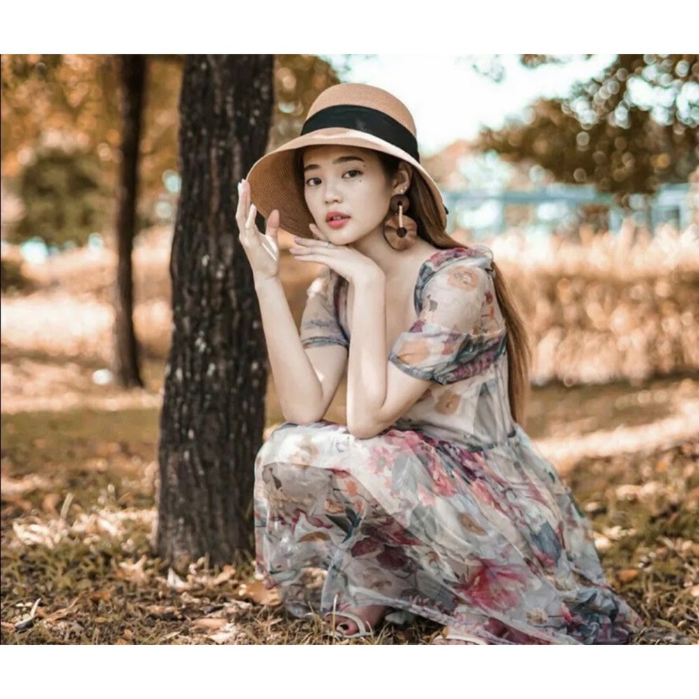 H&M sz M Sheer Floral Puff Sleeve Tiered Tulle Midi Maxi Dress Whimsical Fairy - Picture 2 of 14